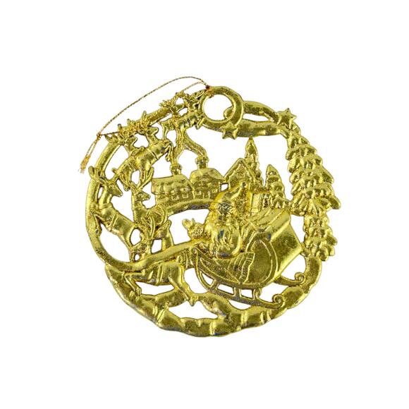 Vintage Gold Tone Santa Sleigh Reindeer Metal Christmas Ornament 4.5” - Picture 9 of 12